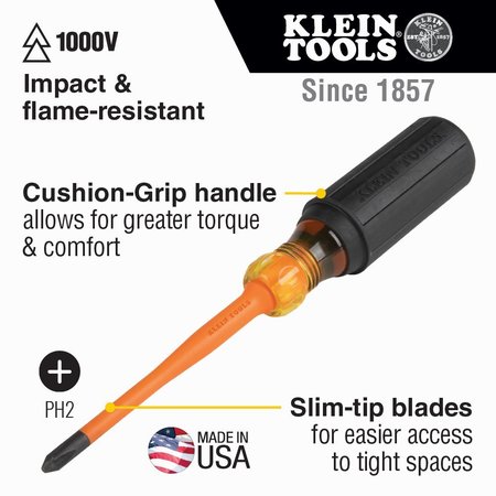 Klein Tools Slim-Tip 1000V Insulated Screwdriver, #2 Phillips, 6-Inch 6936INS
